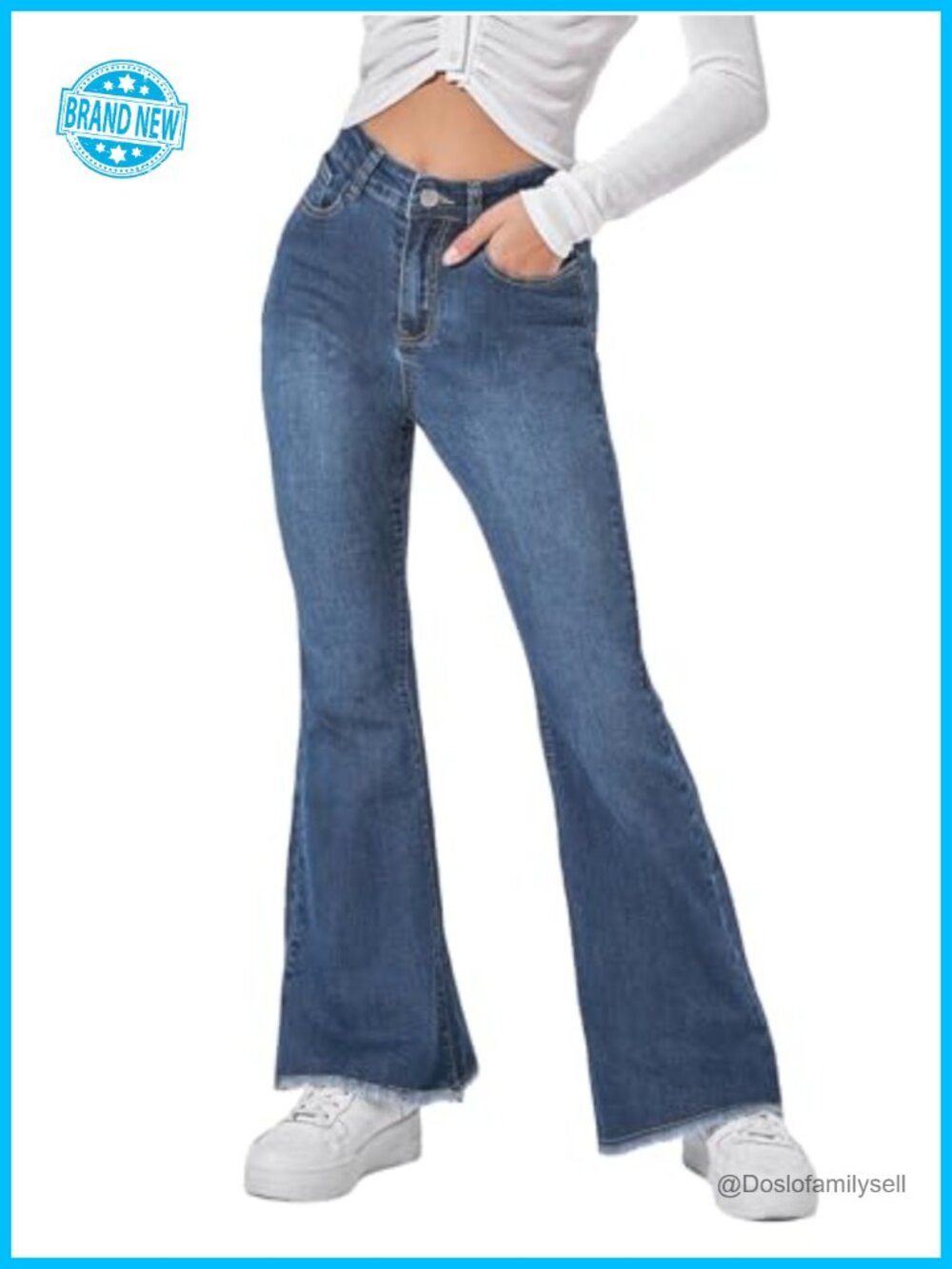 Petite High Waisted Raw Hem Flared Bell Bottom Jeans Stretchy Denim Pants